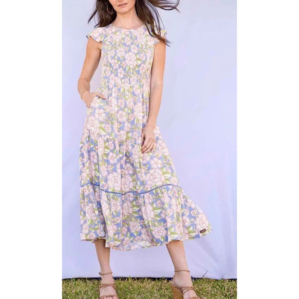 Matilda Jane Floral Smocked Maxi Dress Blue Pink‎ Flutter Sleeve Women Size M - Picture 12 of 12
